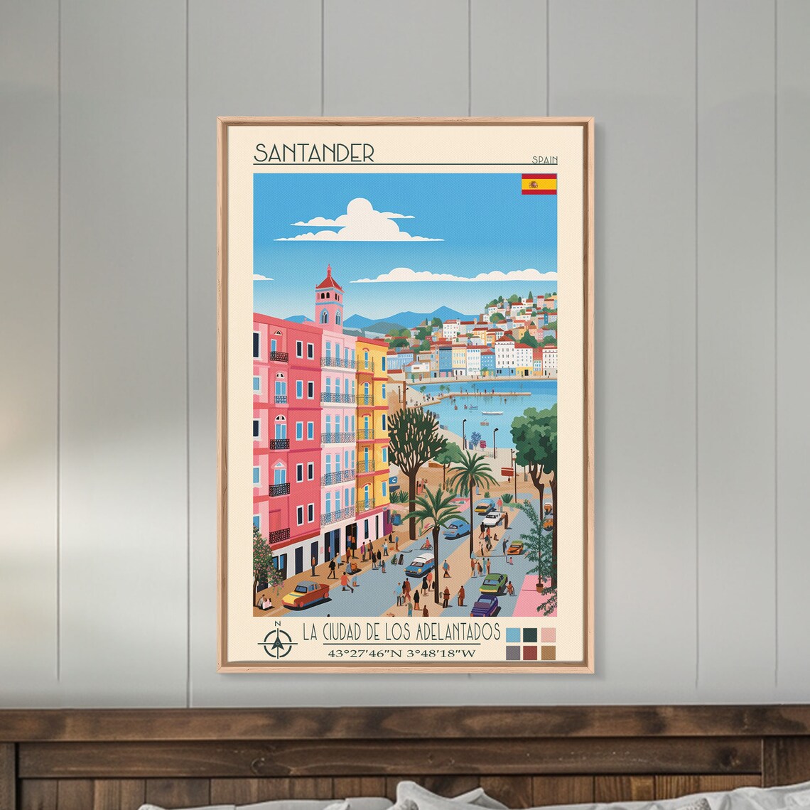 Santander Spain Bay Harbor Colorful Hillside Street View Travel Poster - Image 3