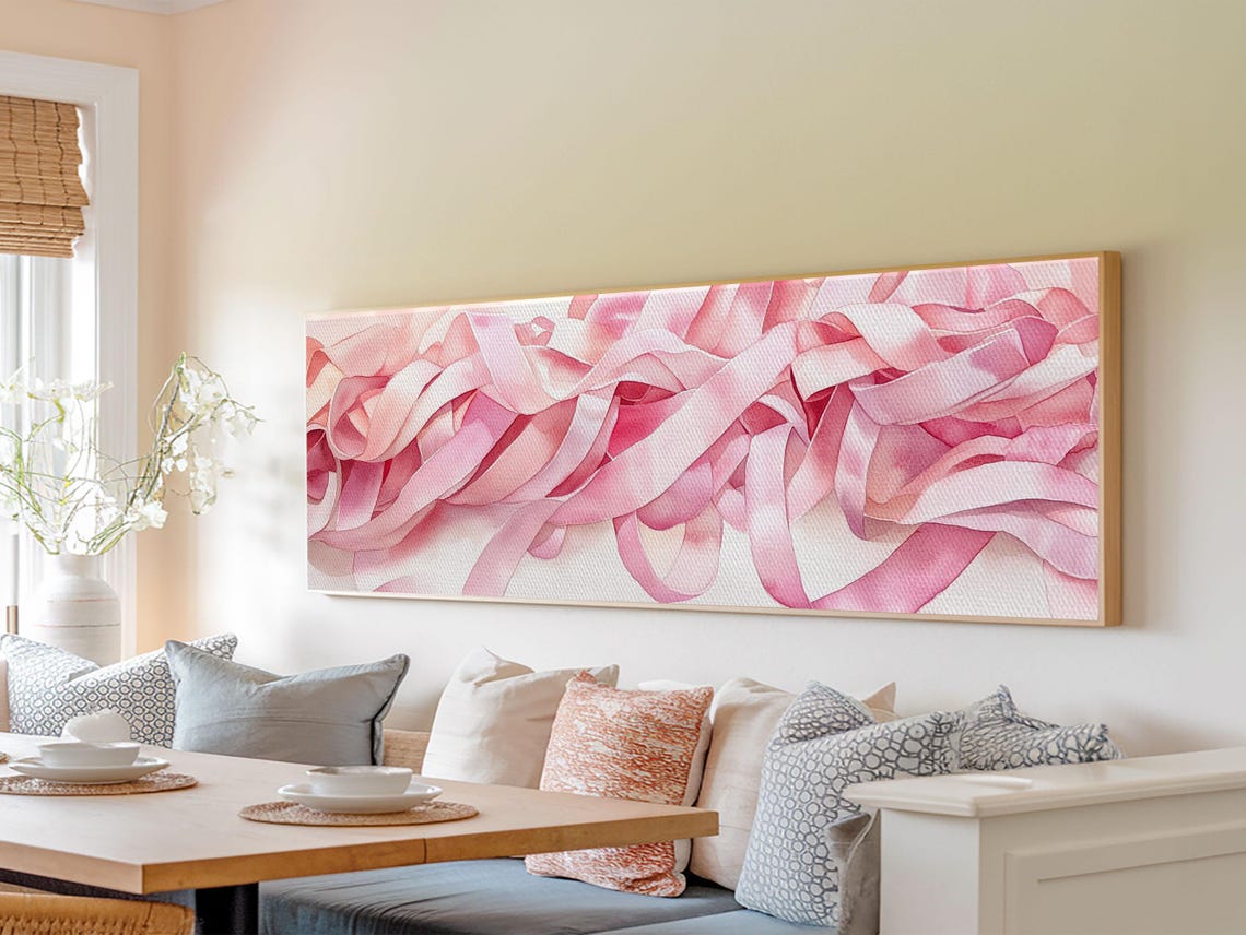 Soft Pink Silk Ribbon Swirls Abstract Minimalist Panoramic Art Poster - Image 5