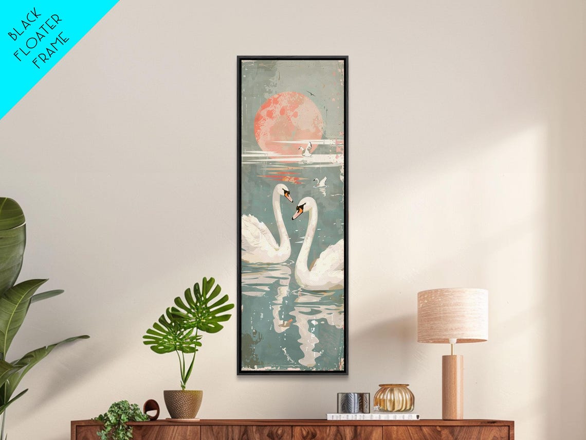 Two White Swans On Lake Beneath Red Sun Vintage Japanese Wall Art - Image 5
