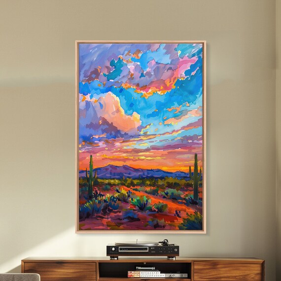 Framed Print Colorful Desert Sunset With Cacti Stunning Wall Art For Living Room Or Bedroom Decoration