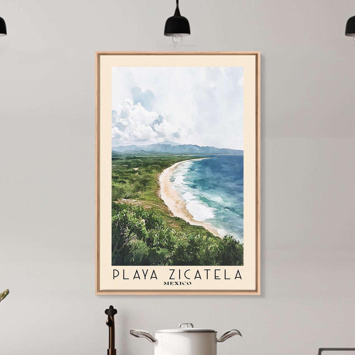 Playa Zicatela Mexico Long Surf Beach Green Hills Watercolor Travel Poster - Image 6