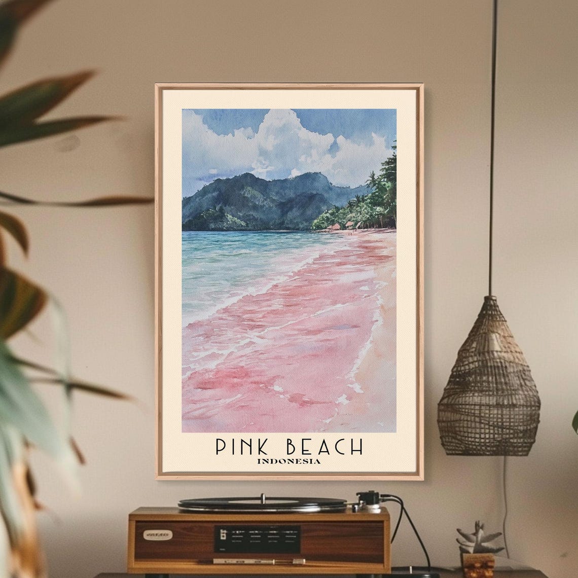 Pink Beach Indonesia Blush Sand Shore Green Hills Cloud Sky Poster - Image 2