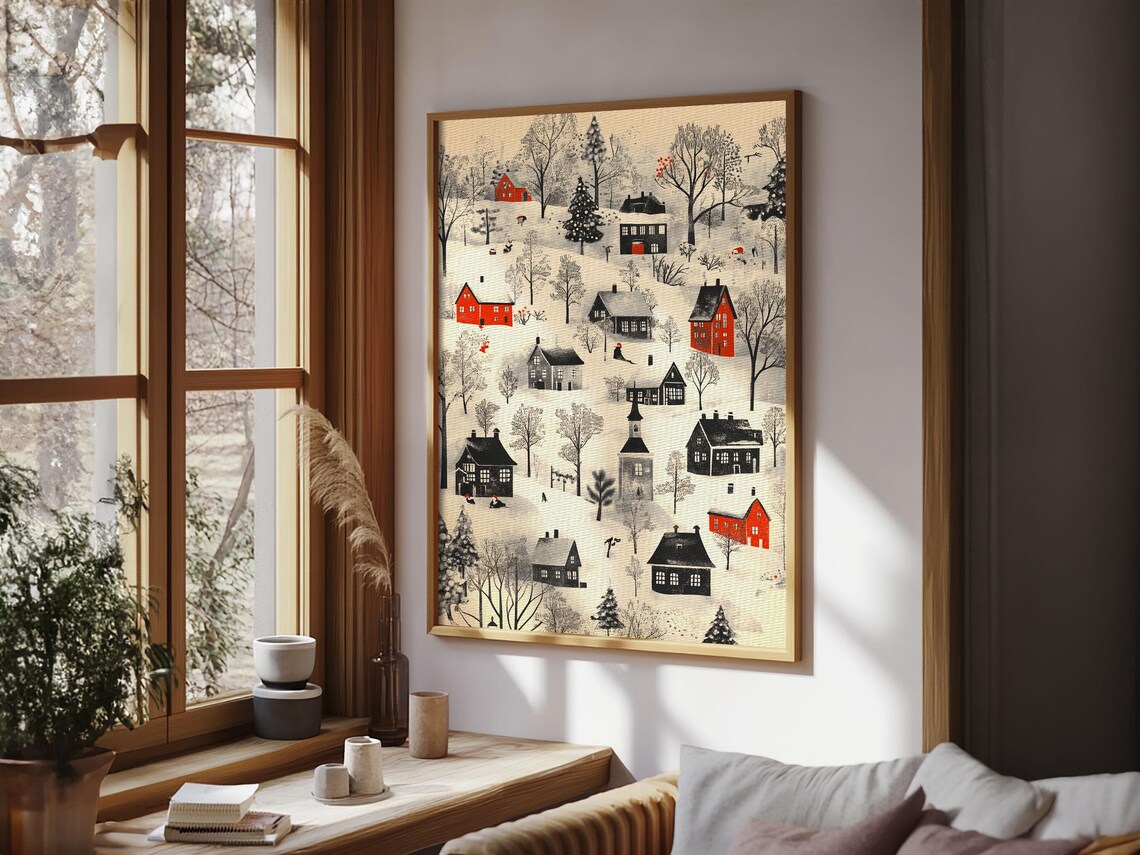 Snowy Christmas Village Red Houses Winter Hillside Holiday Art Poster - Image 2