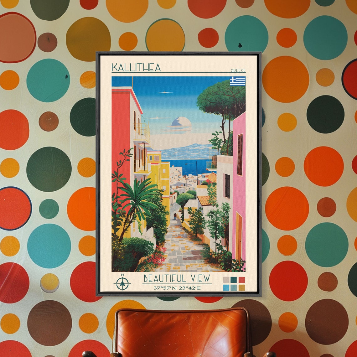 Kallithea Greece Colorful Lane Palm Trees Blue Bay View Poster - Image 4