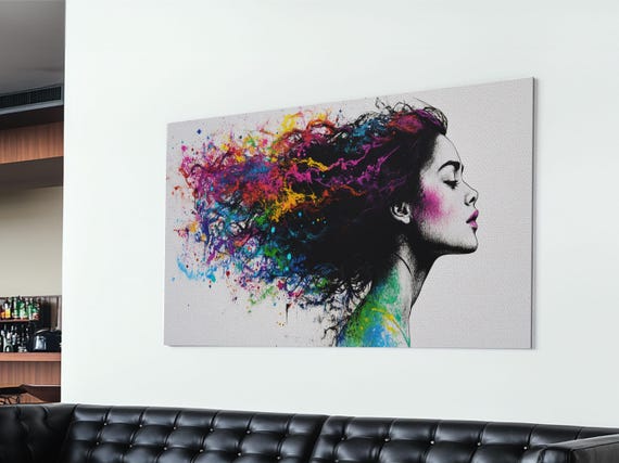 She Has Rainbow Waves In Her Flowing Hair Portrait Of A Woman Framed Print Pop Art Loft Decor Statement Piece Art