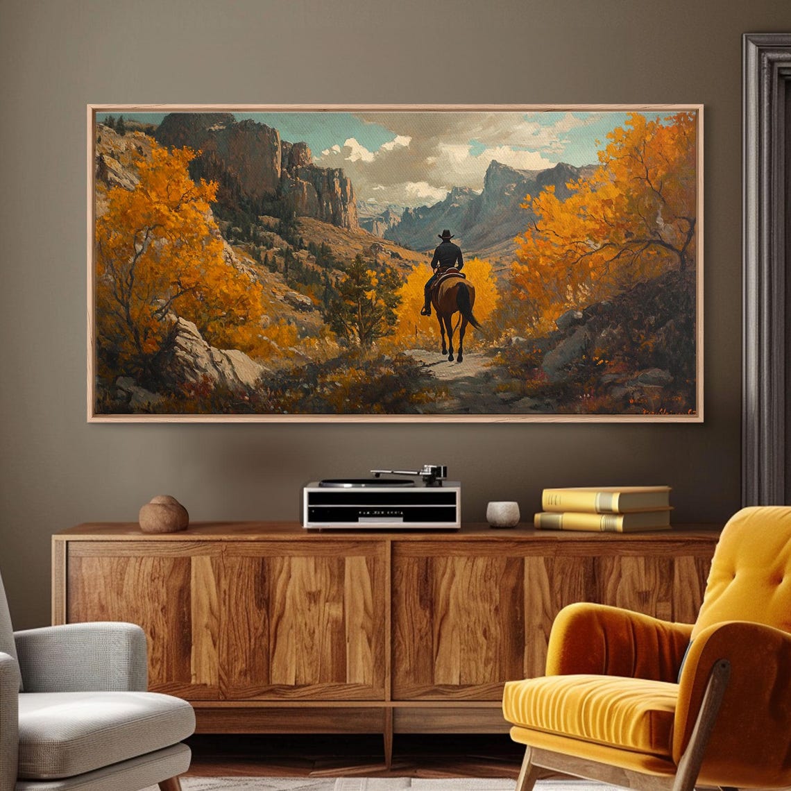 Wild West Cowboy In A Fall Landscape Painting Framed Print Addition To Your Fall Farmhouse Wall Decor Rustic Gallery Wall - Image 5