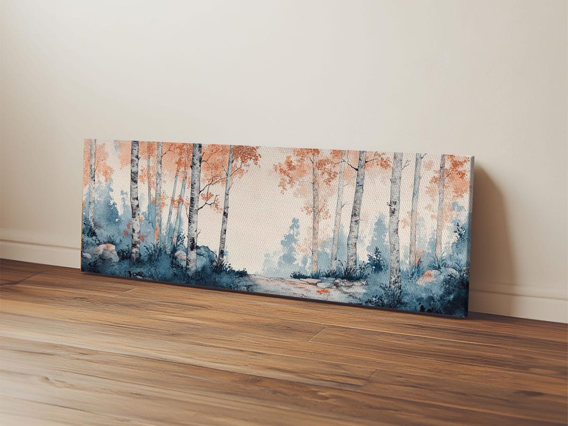 Birch Forest Blue Mist Autumn Watercolor Panoramic Living Wall Poster - Image 6