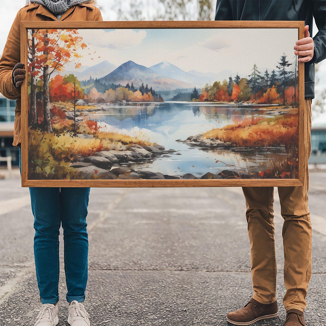 Autumn Lake Mountains Fall Colors Watercolor Landscape Wall Art - Image 3