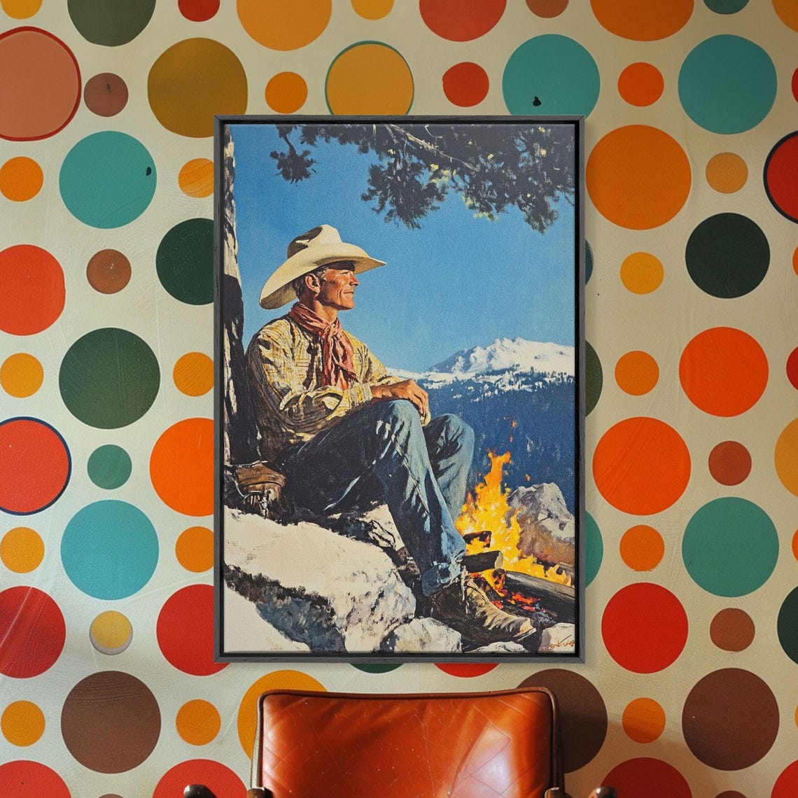 Cowboy Resting By Campfire Snowy Mountain Camp Western Scene Poster - Image 4
