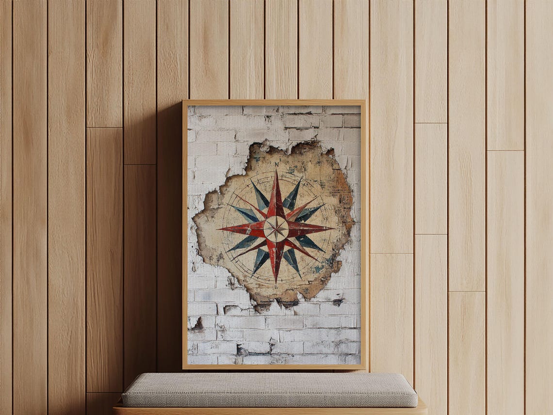 Compass Rose On Weathered Brick Wall Vintage Nautical Decor Art Print - Image 2