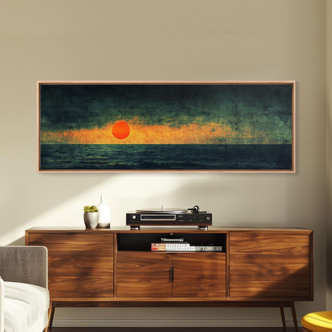 Moody Ocean Sunset Emerald Sea Big Orange Sun Panoramic Art Print - Image 3