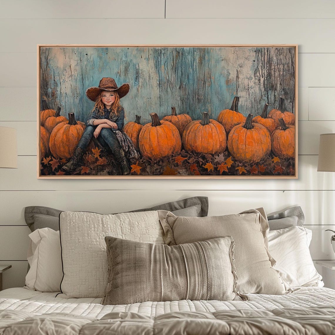 Young Cowgirl Sitting Among A Row Of Pumpkins Rustic Fall Art Print - Image 6