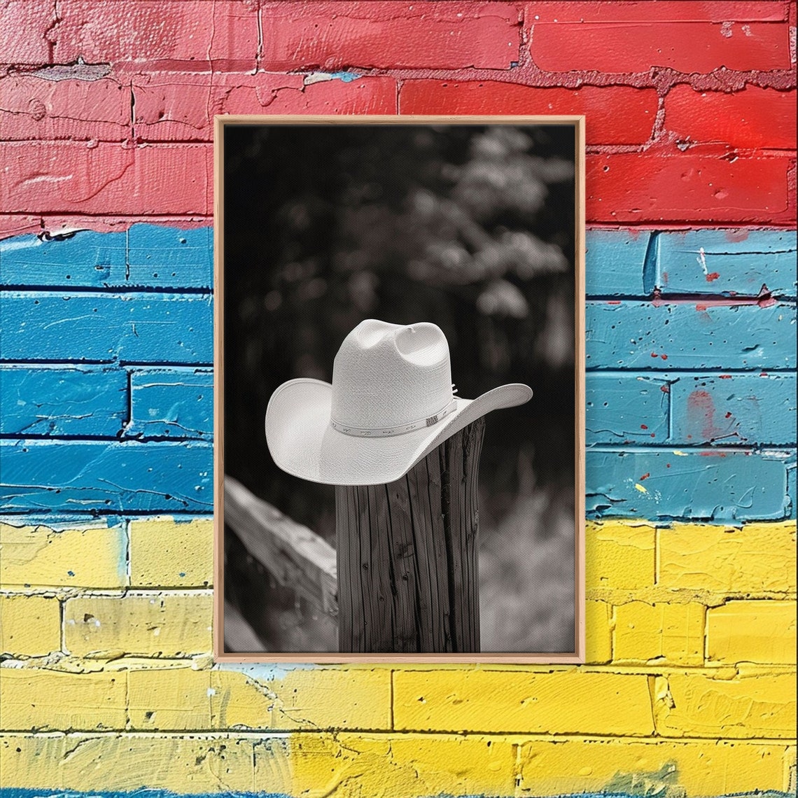 White Cowboy Hat On Wooden Fence Post Rustic Black White Photo Poster