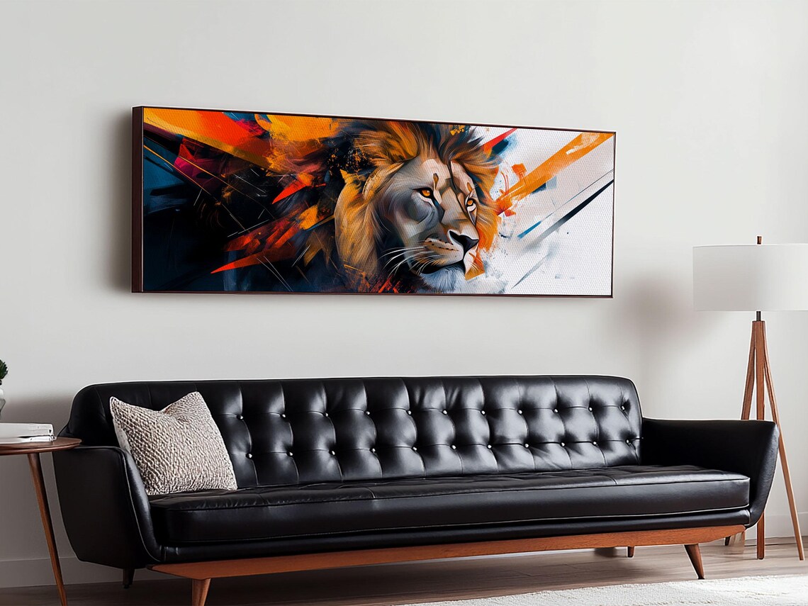 Majestic Lion Head Bold Abstract Orange Black Brushstroke Panoramic Art Print - Image 6