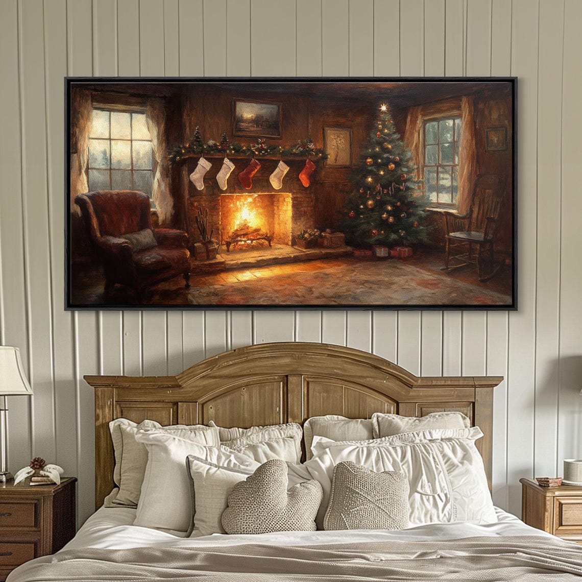Christmas Fireplace Stockings Tree Leather Chair Vintage Wall Art - Image 4
