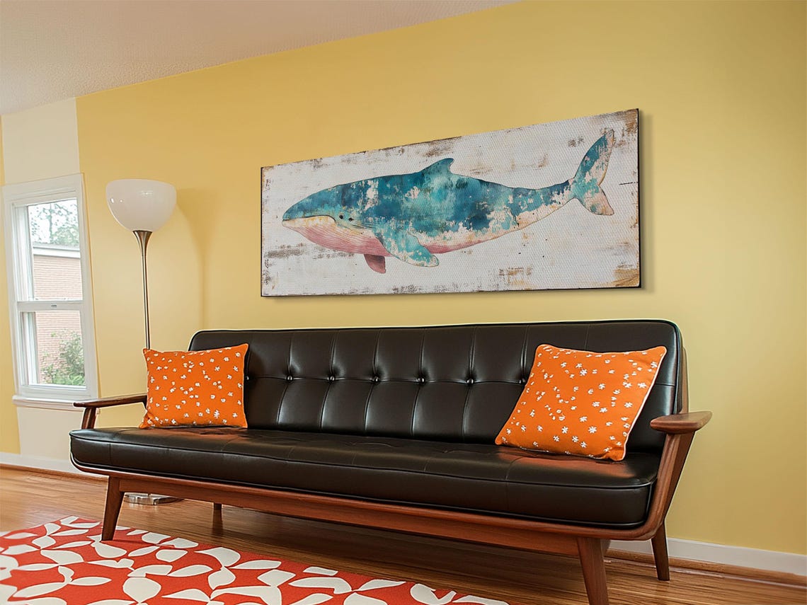 Turquoise Whale Watercolor Distressed Panoramic Coastal Wall Poster - Image 4