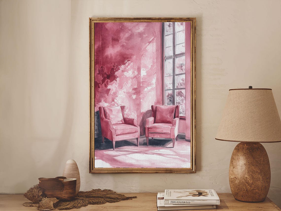 Pink Armchairs By Window Cozy Watercolor Interior Reading Nook Art - Image 2