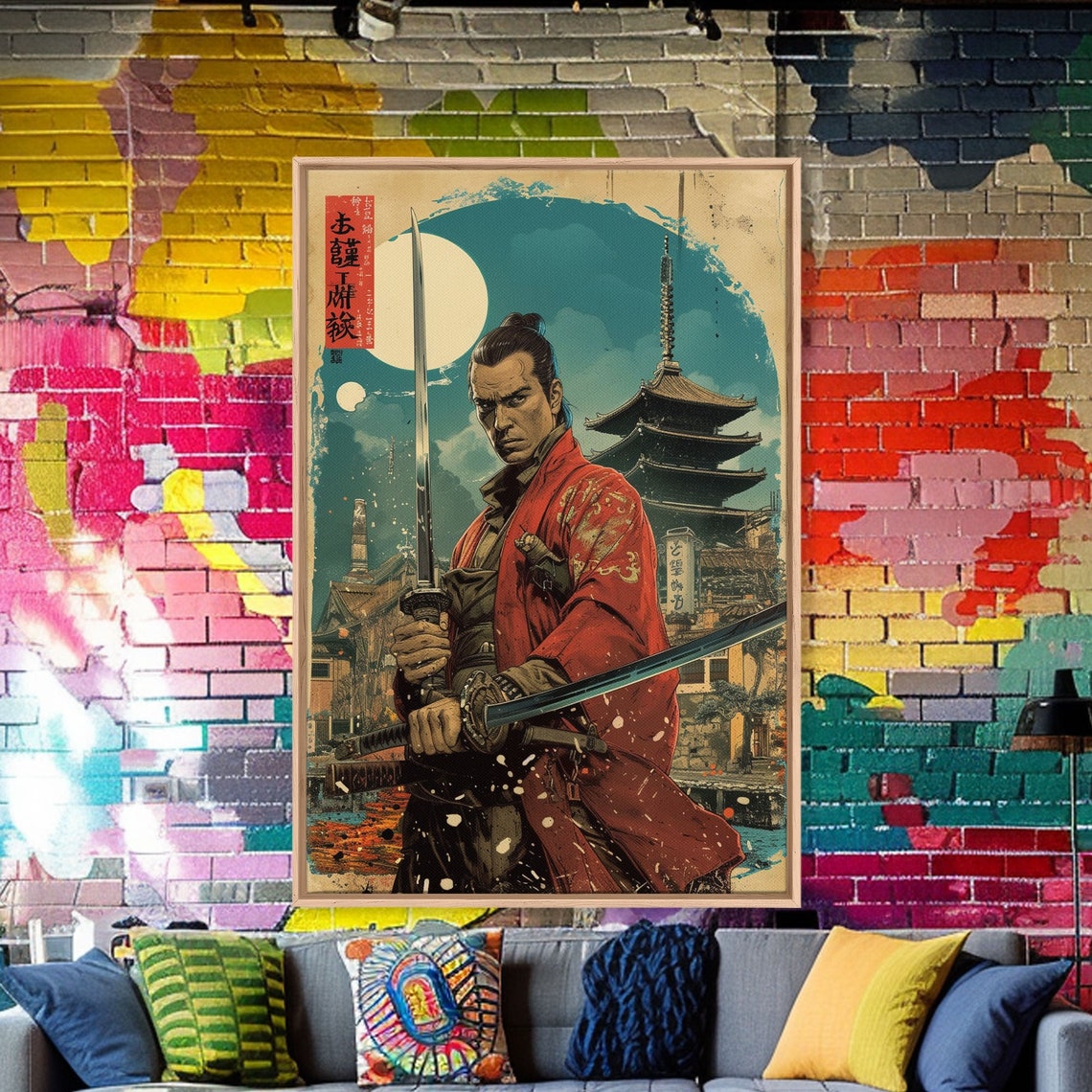 Japanese Samurai Poster in Red Robe with Katanas Before Pagoda Moon - Image 3