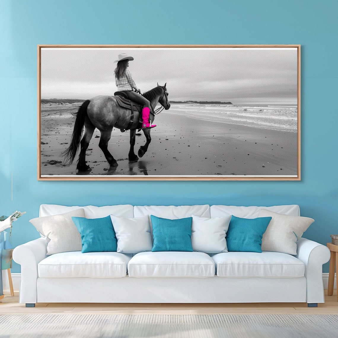 Cowgirl On Horseback At The Beach With Pink Boots Black White Print - Image 2