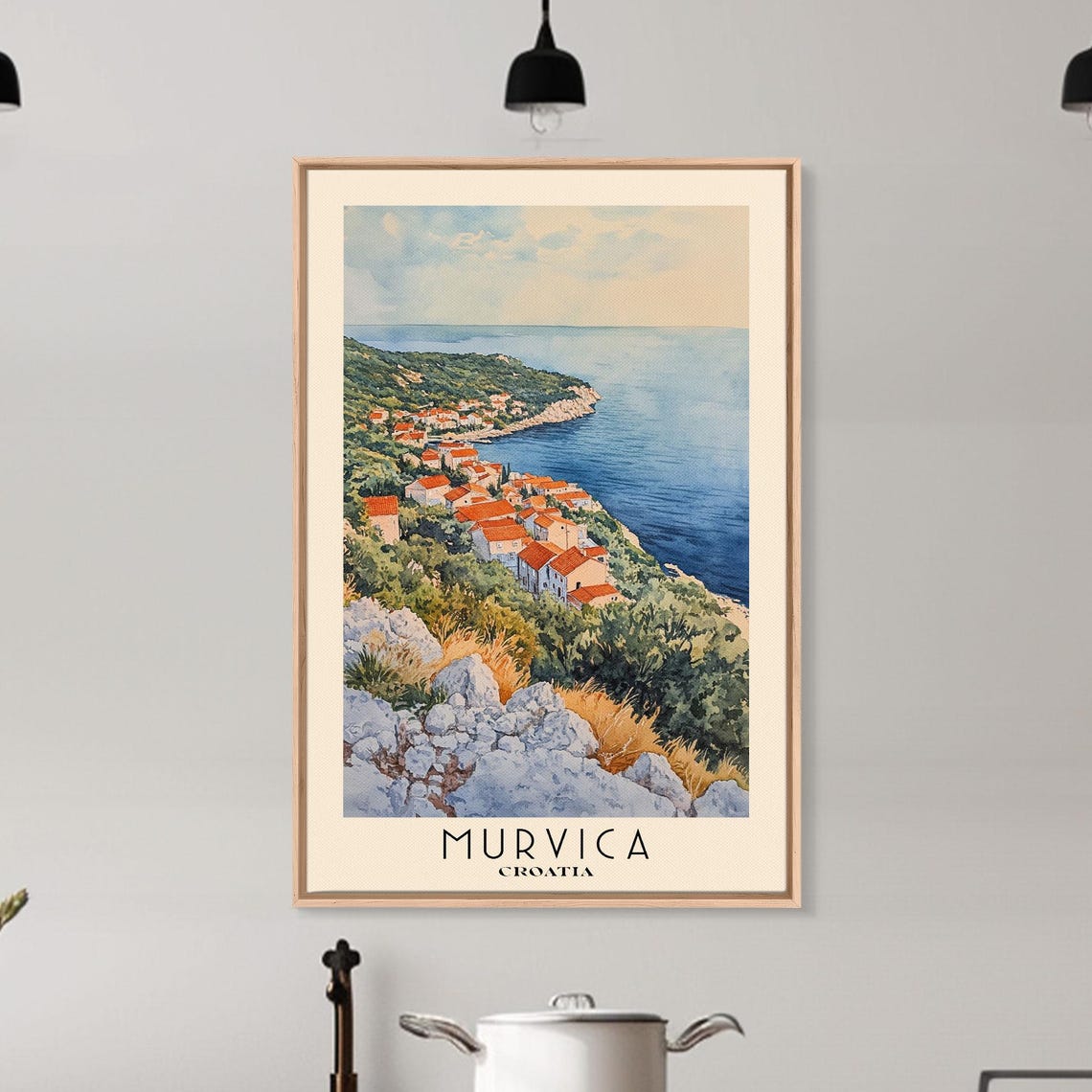 Murvica Croatia Hillside Village Red Roofs Sea View Watercolor Poster - Image 6