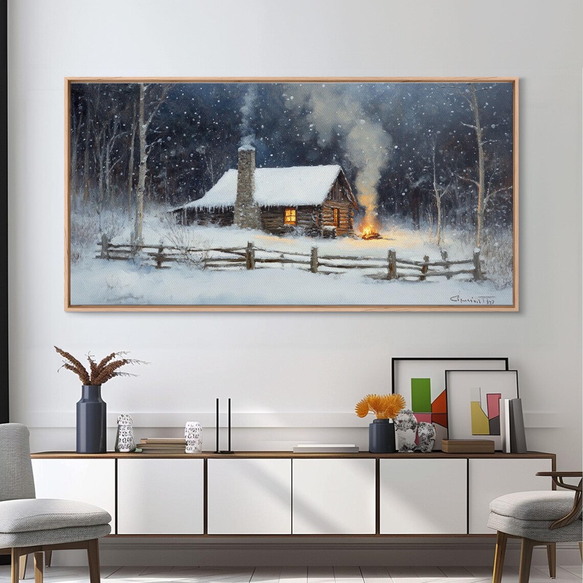 Rustic Cabin In Snow, Vintage Christmas Art Print - Image 5