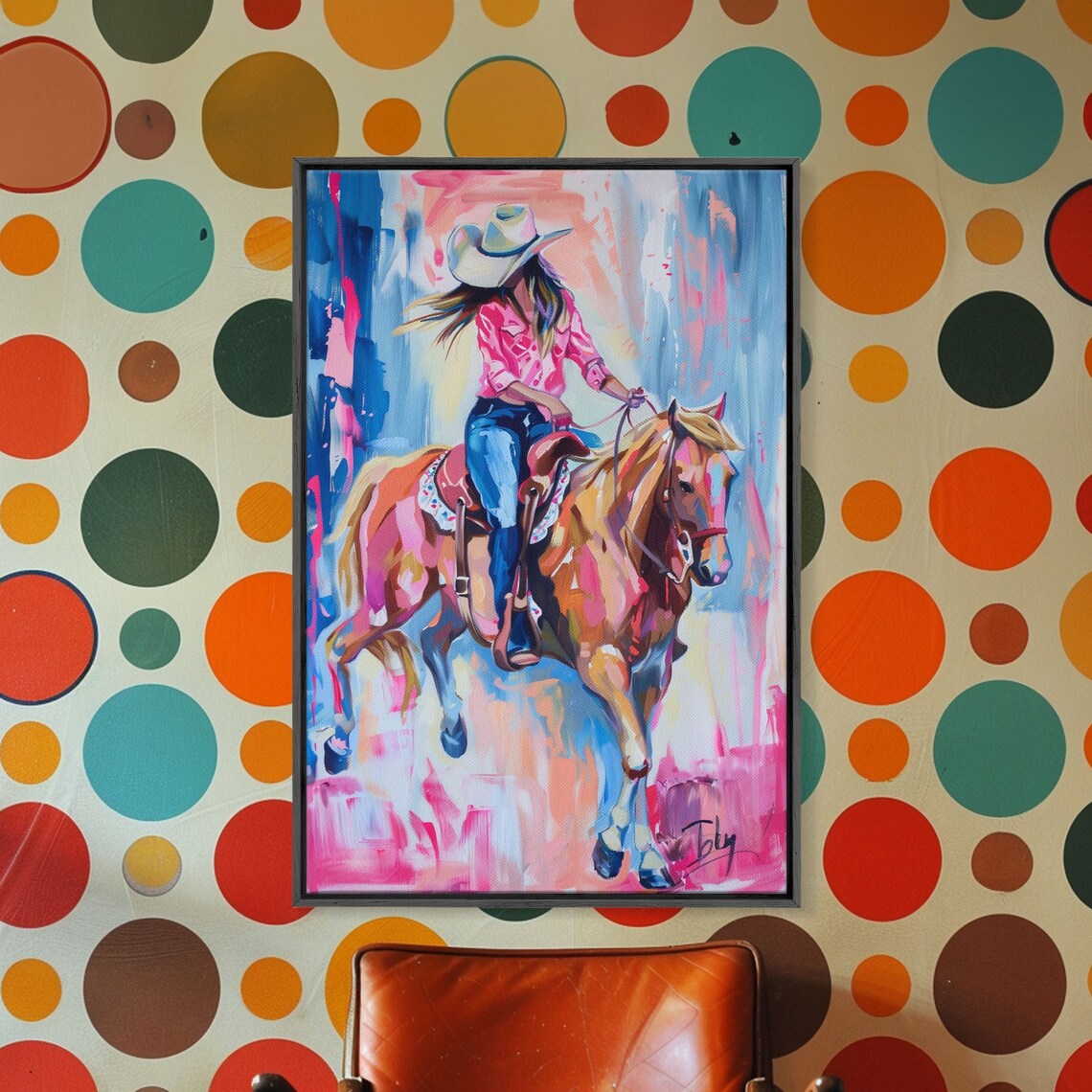 Stylish Cowgirl Riding Horse, Colorful Western Art Print - Image 5