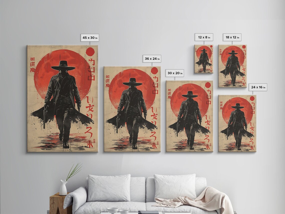 Japanese Cowboy Gunslinger Red Sun Noir Silhouette Western Wall Art - Image 2