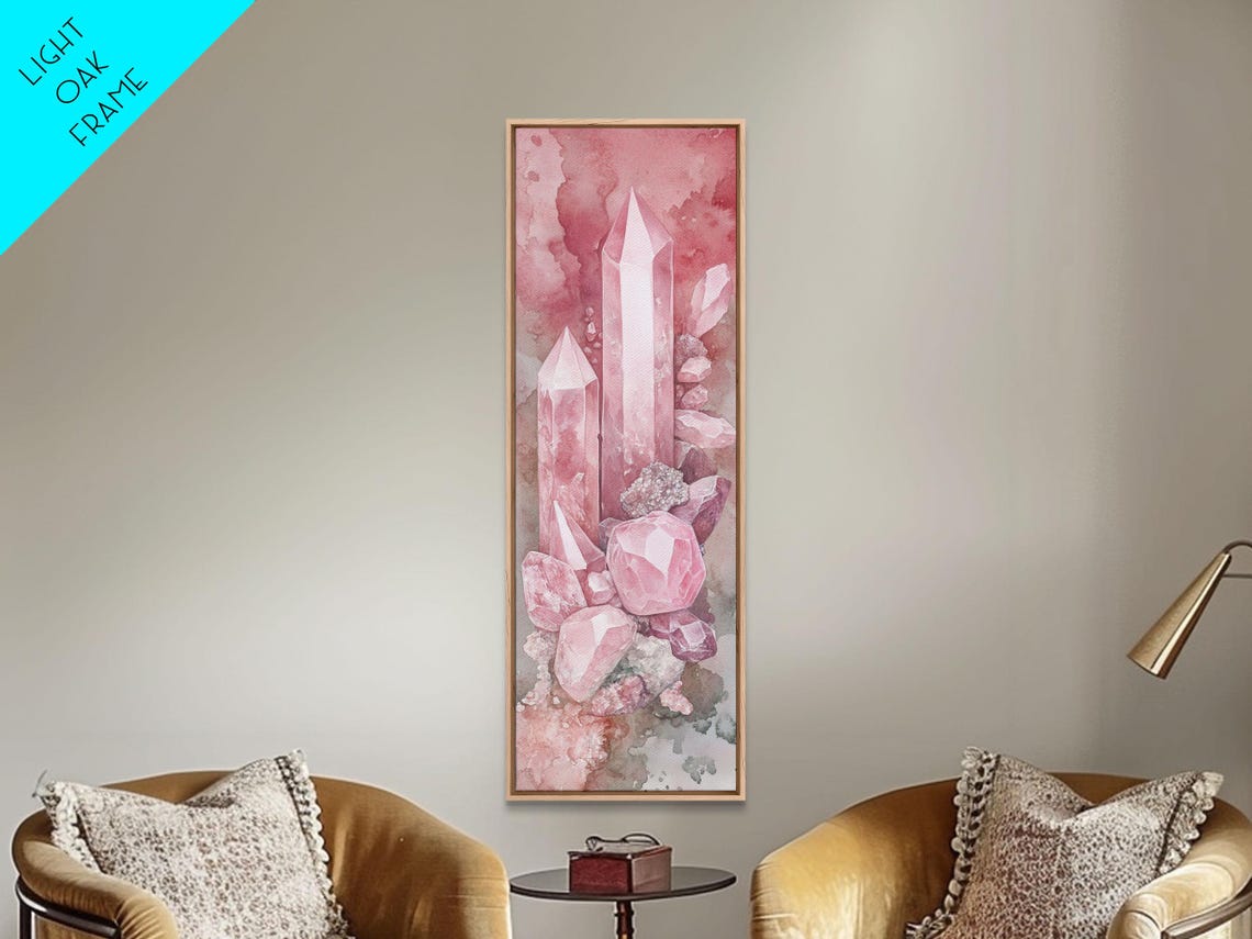 Rose Quartz Crystal Cluster Watercolor Vertical Moody Healing Wall Art - Image 2