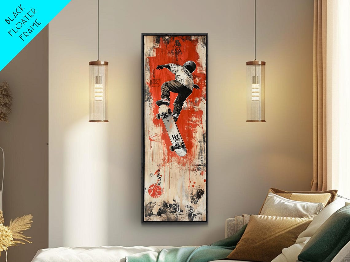 Skateboarder Midair Trick Red Black Graffiti Style Urban Poster - Image 2