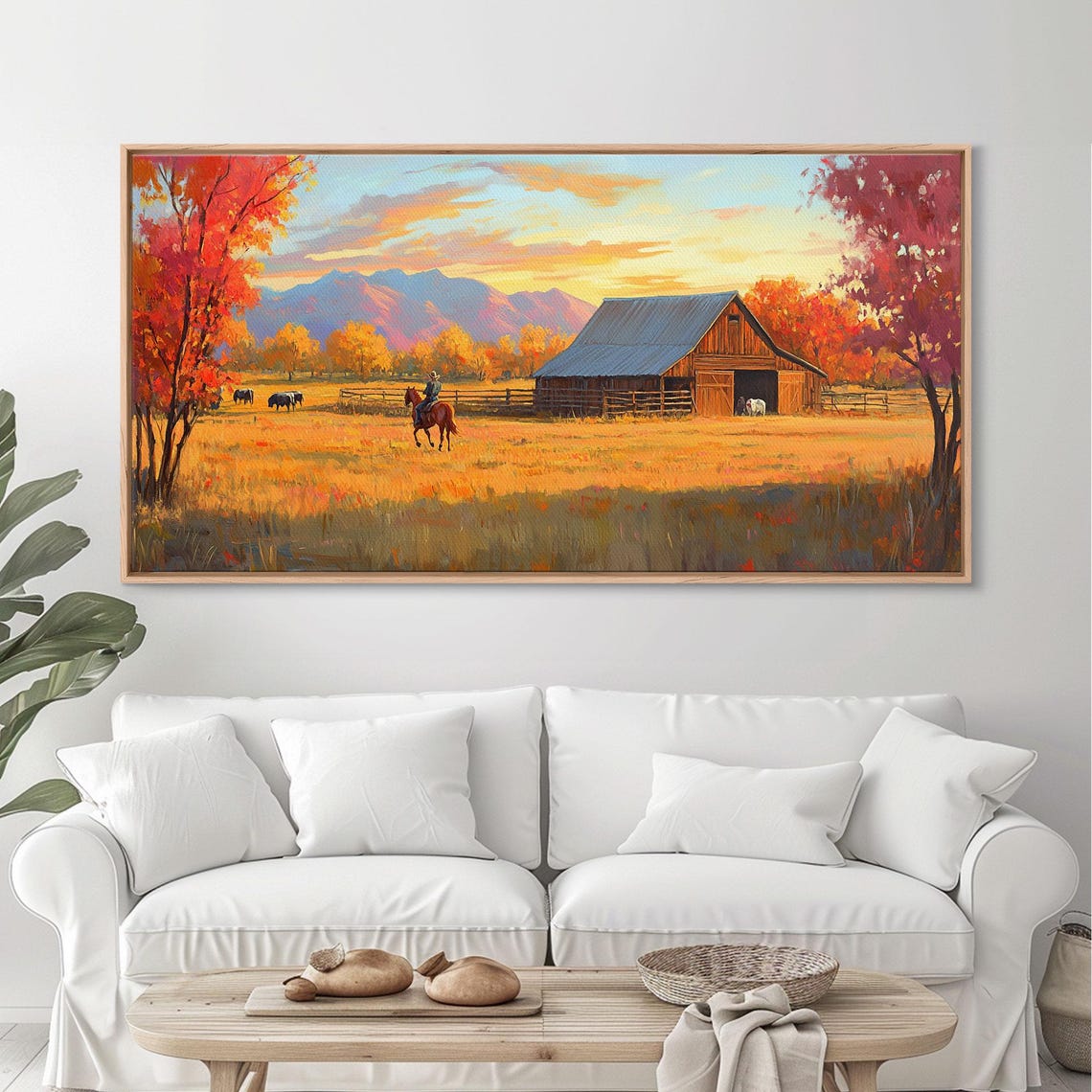 Autumn Cowboy Farm Barn Horses Sunset Mountains Landscape Poster - Image 3