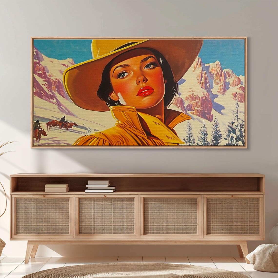 Retro Cowgirl Portrait With Snowy Mountain Riders Behind Art Print - Image 5