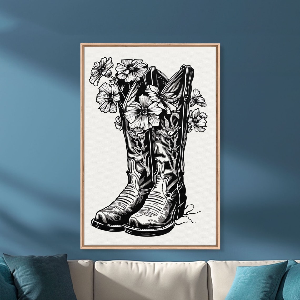 Vintage Floral Cowboy Boots Black White Line Art Wall Poster - Image 5