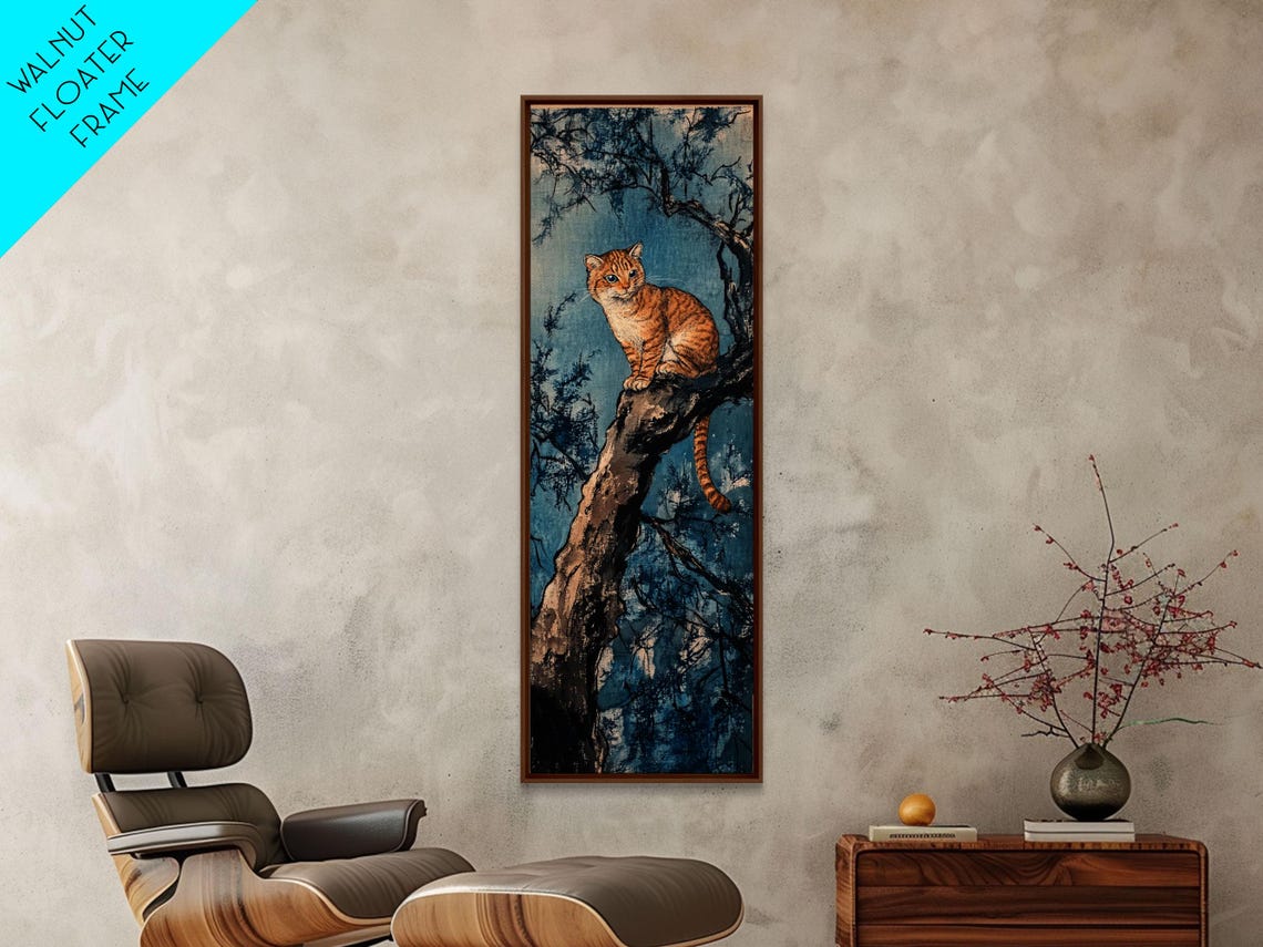 Ginger Tabby Cat on Tree Branch Night Japanese Style Wall Art - Image 5
