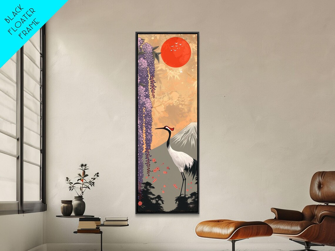 Japanese Crane Wisteria Red Sun Mount Fuji Tall Ukiyo E Art Poster - Image 3