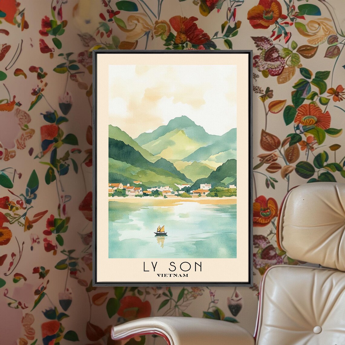 Ly Son Vietnam Sailboat Bay Green Mountain Village Watercolor Poster - Image 3