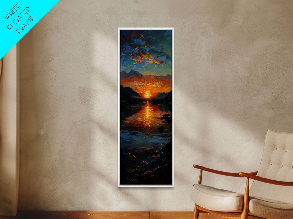 Vibrant Sunset Over Mountain Lake Reflection Oil Painting Print - Image 4