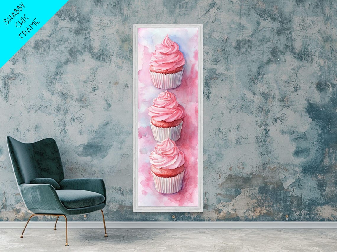 Three Pink Frosted Cupcakes Watercolor Sweet Kitchen Dessert Wall Art - Image 5