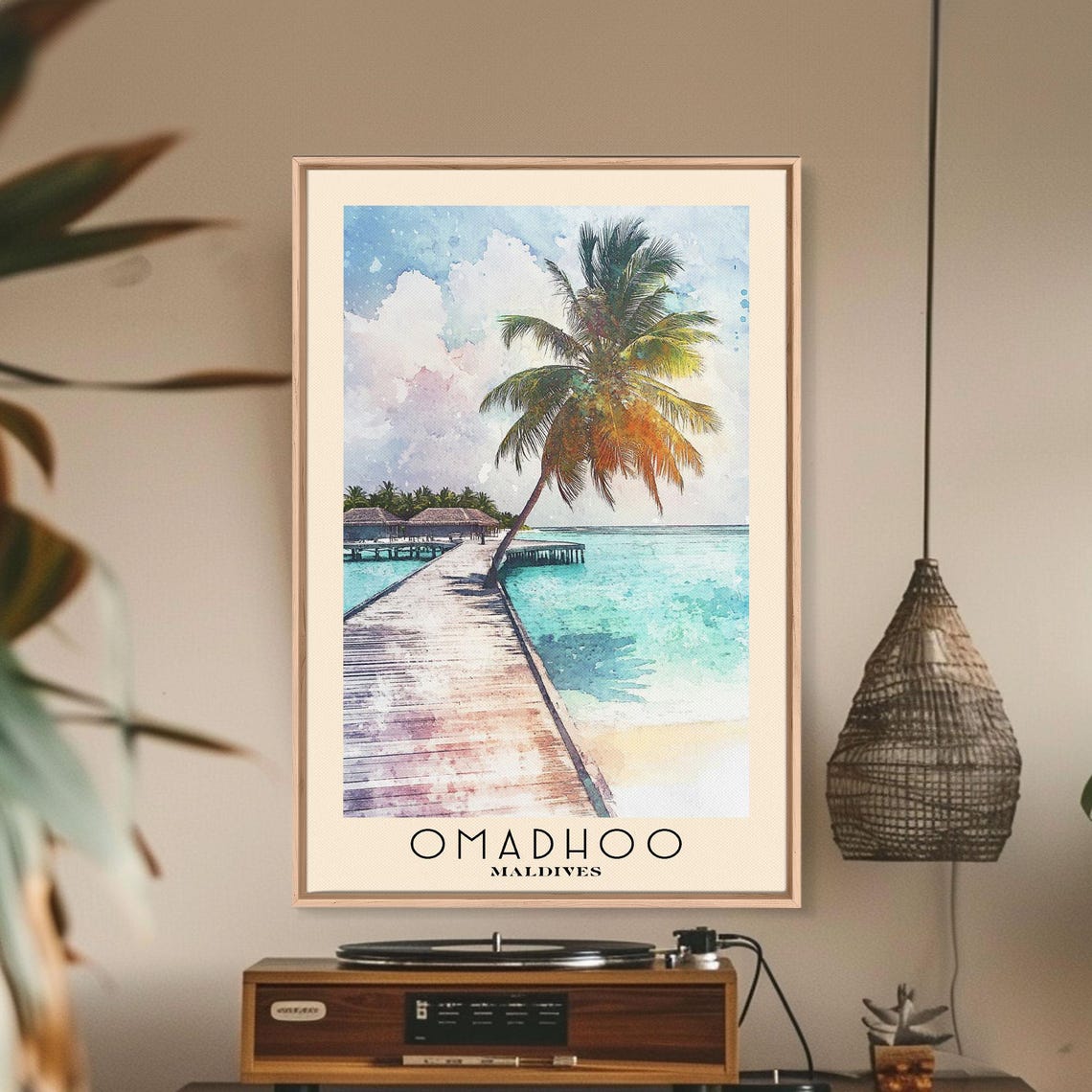 Omadhoo Maldives Leaning Palm Pier Turquoise Lagoon Watercolor Poster - Image 2