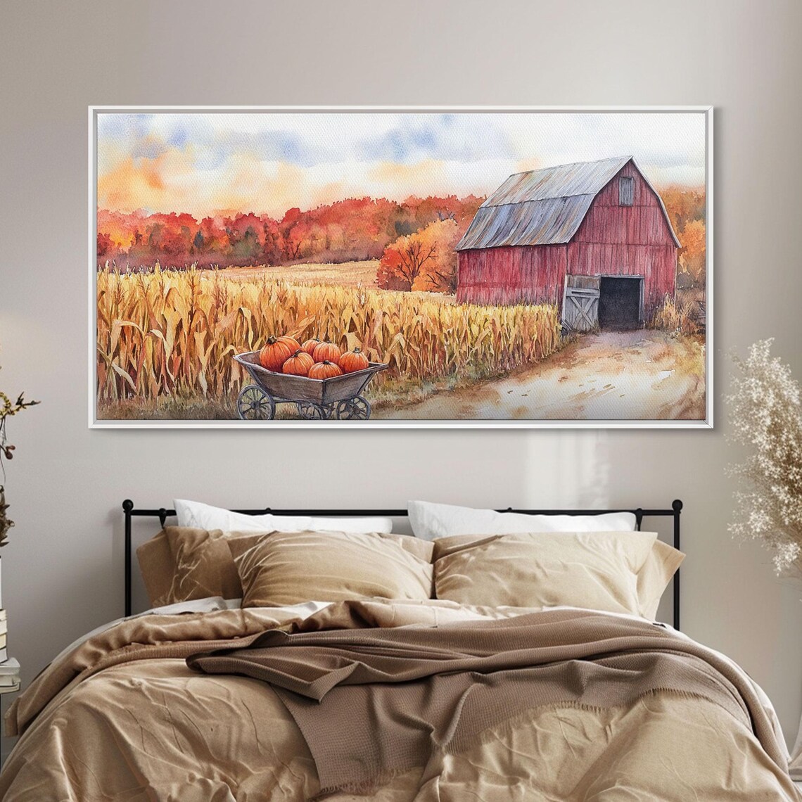Red Barn Pumpkin Wheelbarrow Golden Cornfield Autumn Landscape Art Print