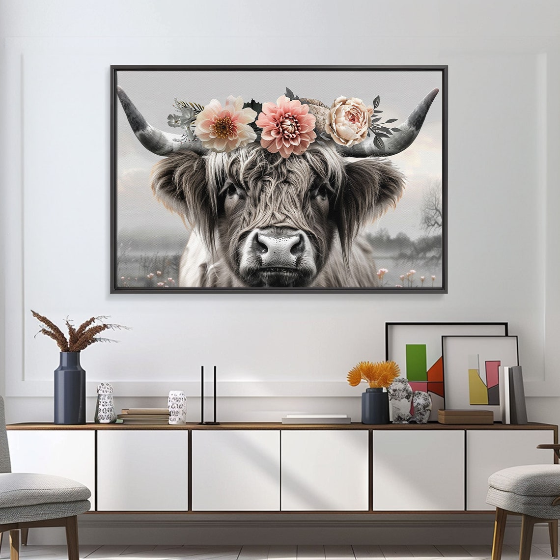 Cute Framed Wall Art Cute Cow Wearing Flowers Farmhouse Decor Farmhouse Wall At Extra Large Boho Decor Minimalist Modern Art - Image 3