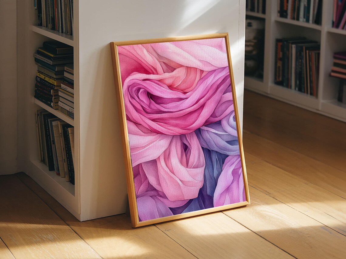 Rosy Pink Silk Fabric Swirls Abstract Watercolor Boho Wall Art Poster - Image 2