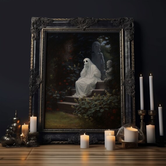 Thoughtful Sheet Ghost Sitting Garden Steps Night Statues Dark Academia Art Poster