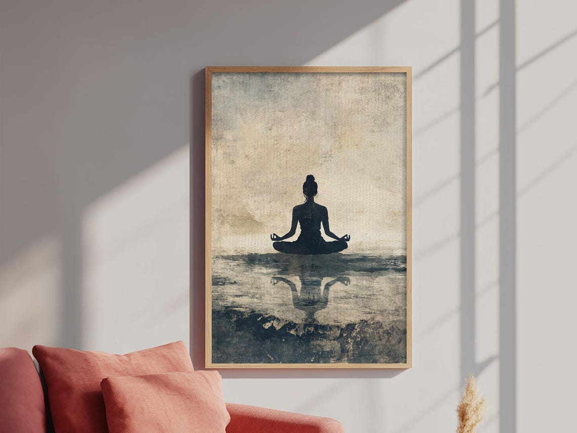 Meditation Silhouette Lotus Pose Water Reflection Neutral Zen Wall Art - Image 4