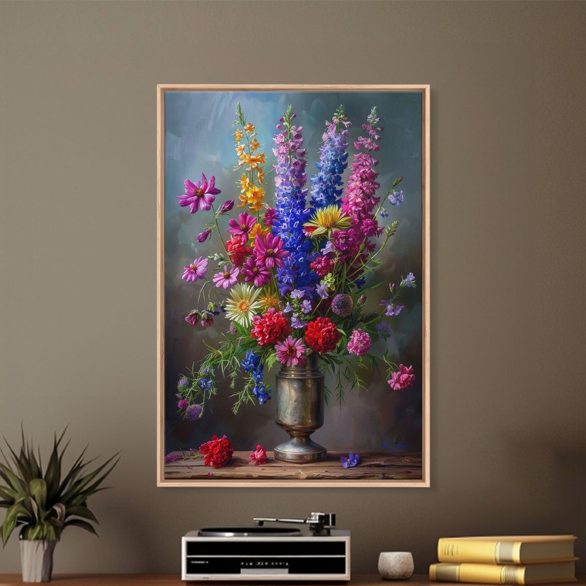 Dramatic Floral Bouquet Cosmos Delphinium Dark Background Art Poster - Image 3