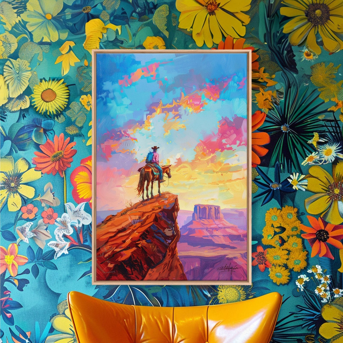 Cowboy On Horseback Overlooking Canyon At Colorful Sunset Art Poster - Image 4