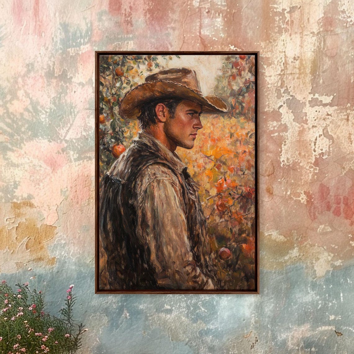 Thoughtful Cowboy Portrait Autumn Orchard Warm Painterly Art Poster - Image 3