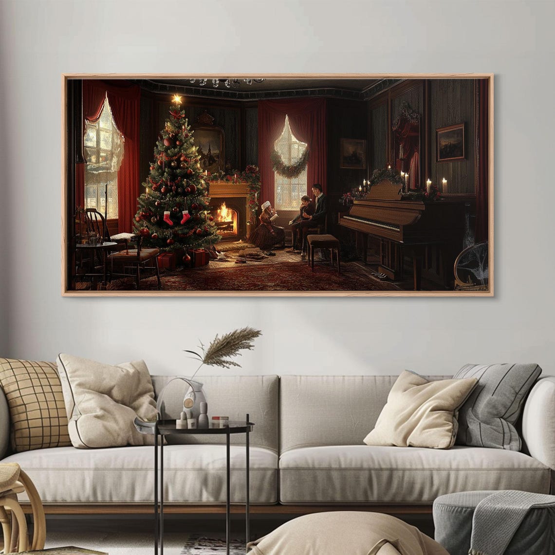 Victorian Christmas Parlor Tree Fireplace Elegant Vintage Wall Art