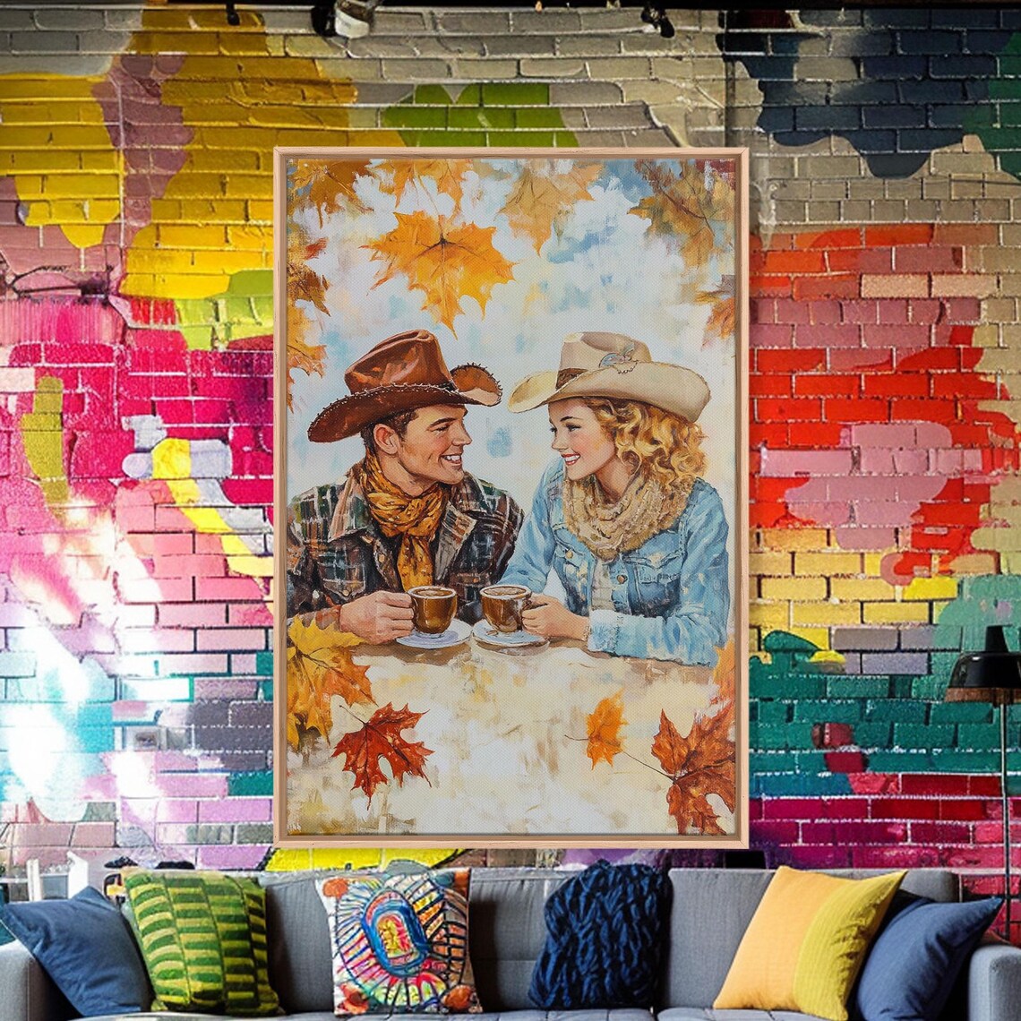 Western Couple Sharing Coffee Autumn Maple Leaves Smiling Art Poster - Image 5