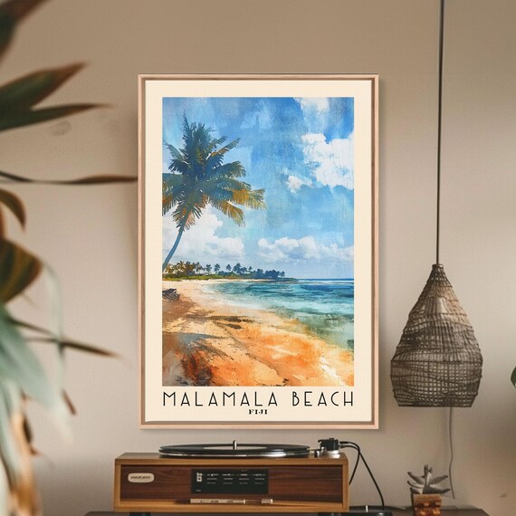 Malamala Beach Fiji Leaning Palm Golden Sand Turquoise Sea Travel Poster