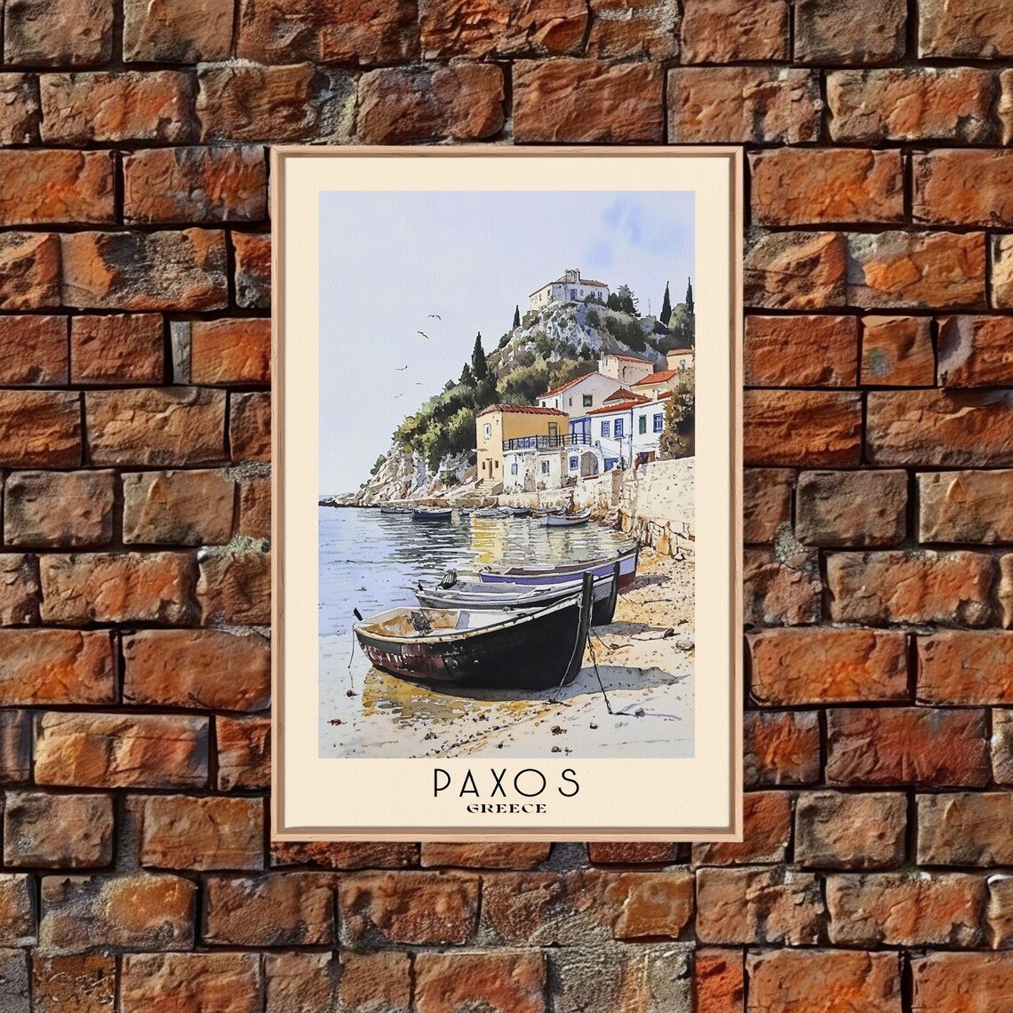Paxos Greece Harbor Fishing Boats Village Hillside Watercolor Poster - Image 4